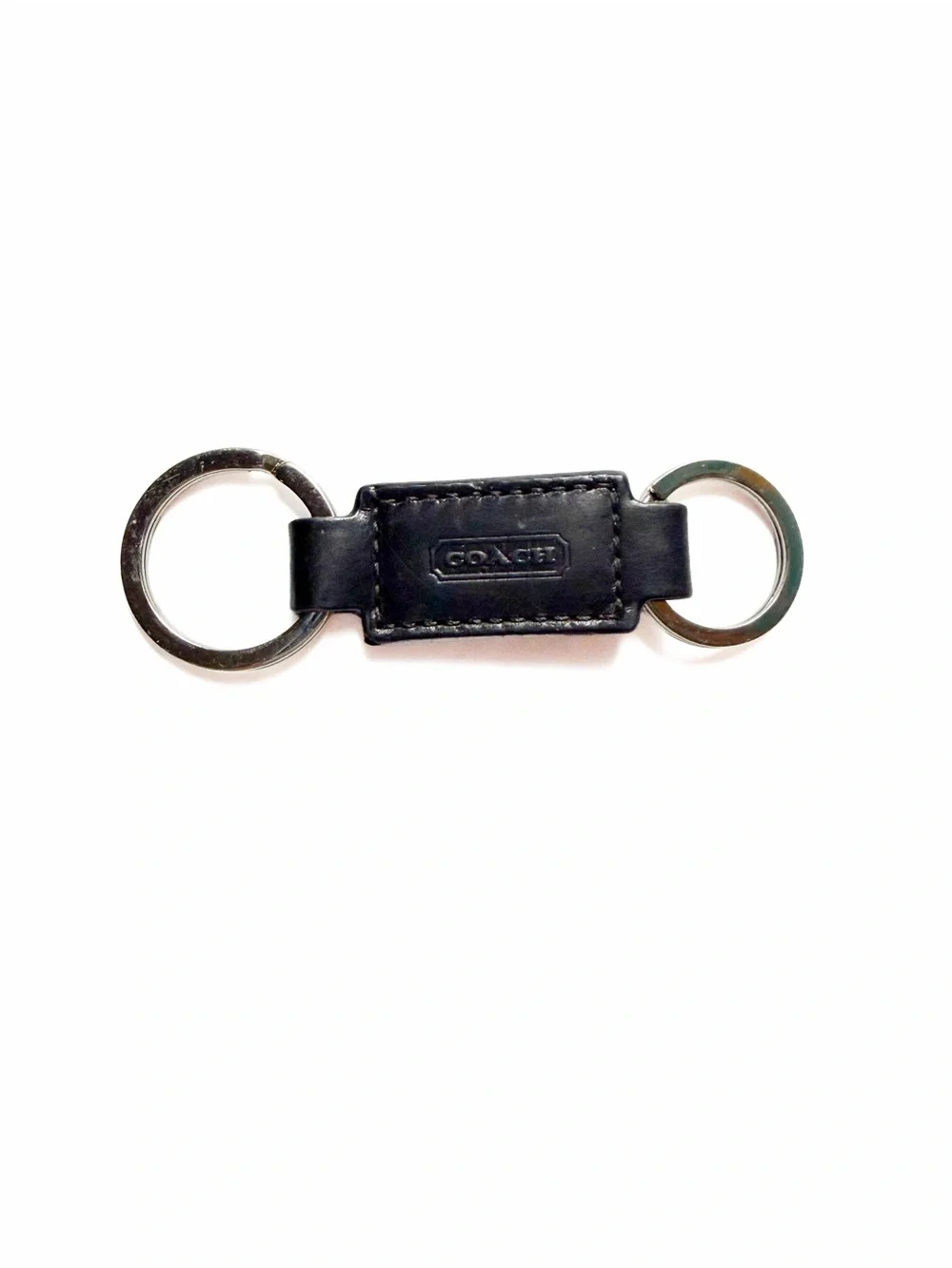 Authentic Coach Black Leather Double Key Ring Keychain Fob Silver Key Holder
